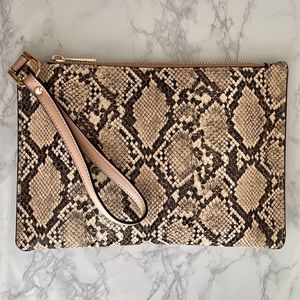 Tan & Black Python Snakeskin Wristlet with gold hardware and zipper closure